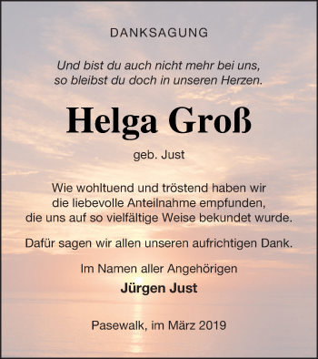 Traueranzeige von Helga Groß von Pasewalker Zeitung