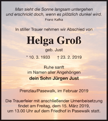 Traueranzeige von Helga Groß von Pasewalker Zeitung