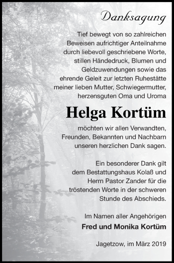 Traueranzeige von Helga Kortüm von Vorpommern Kurier