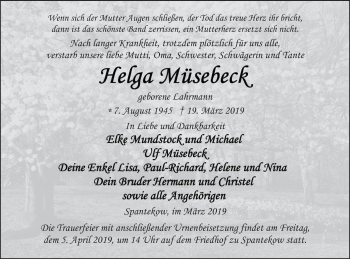 Traueranzeige von Helga Müsebeck von Vorpommern Kurier