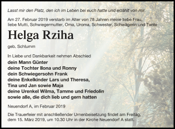 Traueranzeige von Helga Rziha von Haff-Zeitung