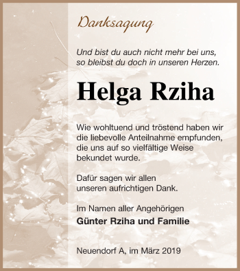 Traueranzeige von Helga Rziha von Haff-Zeitung