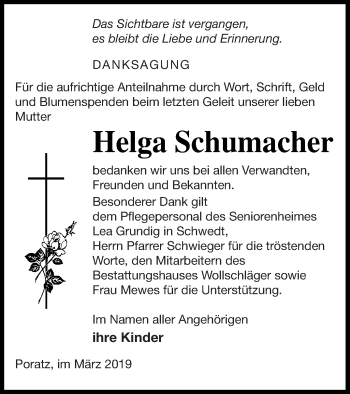 Traueranzeige von Helga Schumacher von Templiner Zeitung