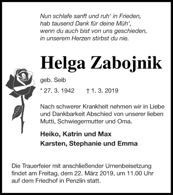 Traueranzeige von Helga Zabojnik von Müritz-Zeitung