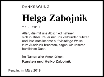 Traueranzeige von Helga Zabojnik von Müritz-Zeitung