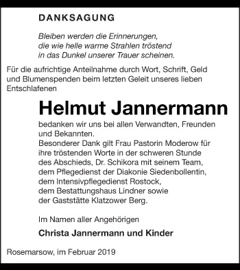 Traueranzeige von Helmut Jannermann von Neubrandenburger Zeitung