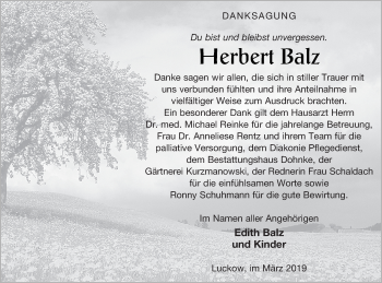 Traueranzeige von Herbert Balz von Haff-Zeitung