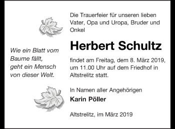 Traueranzeige von Herbert Schultz von Strelitzer Zeitung