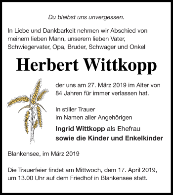 Traueranzeige von Herbert Wittkopp von Pasewalker Zeitung