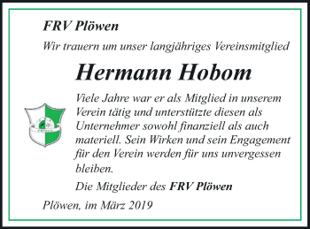 Traueranzeige von Hermann Hobom von Pasewalker Zeitung