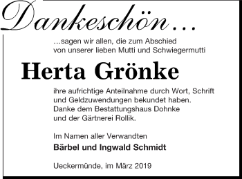 Traueranzeige von Herta Grönke von Haff-Zeitung