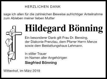 Traueranzeige von Hildegard Bönning von Prenzlauer Zeitung