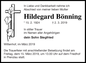 Traueranzeige von Hildegard Bönning von Prenzlauer Zeitung