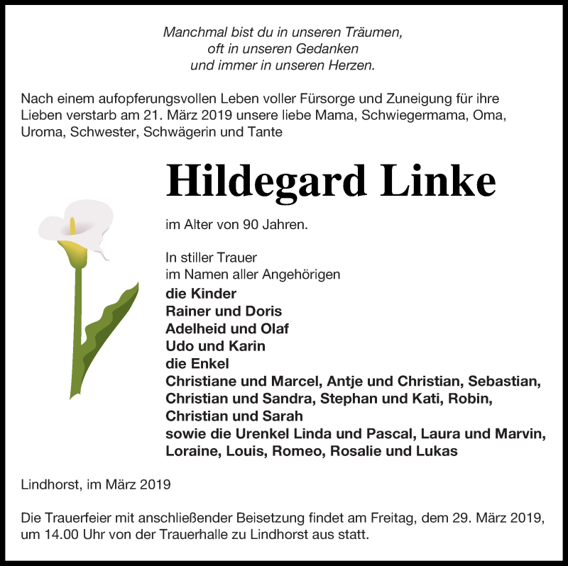  Traueranzeige für Hildegard Linke vom 23.03.2019 aus Prenzlauer Zeitung