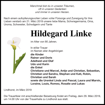 Traueranzeige von Hildegard Linke von Prenzlauer Zeitung