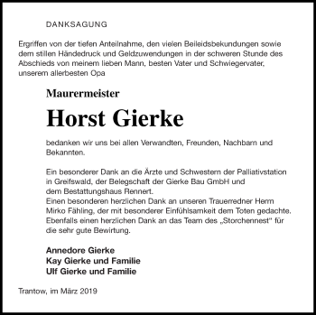 Traueranzeige von Horst Gierke von Vorpommern Kurier