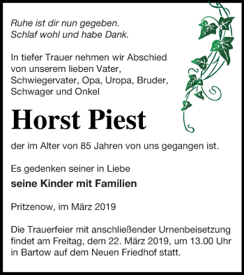 Traueranzeige von Horst Piest von Neubrandenburger Zeitung