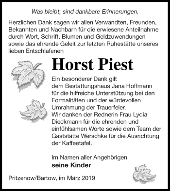 Traueranzeige von Horst Piest von Neubrandenburger Zeitung