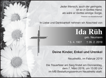 Traueranzeige von Ida Rüh von Strelitzer Zeitung