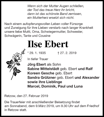 Traueranzeige von Ilse Ebert von Mecklenburger Schweiz