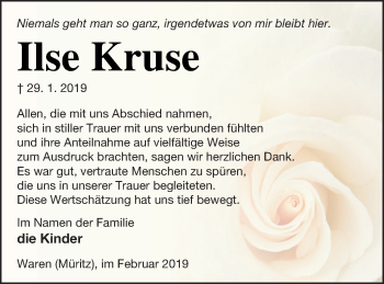 Traueranzeige von Ilse Kruse von Müritz-Zeitung