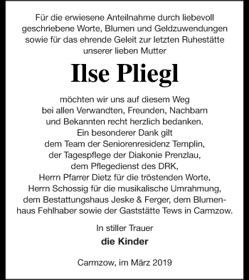 Traueranzeige von Ilse Pliegl von Prenzlauer Zeitung