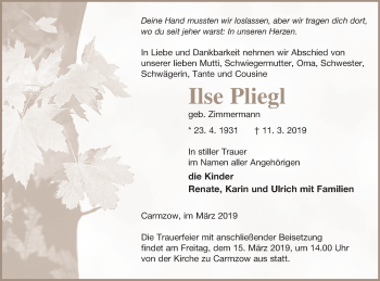 Traueranzeige von Ilse Pliegl von Prenzlauer Zeitung