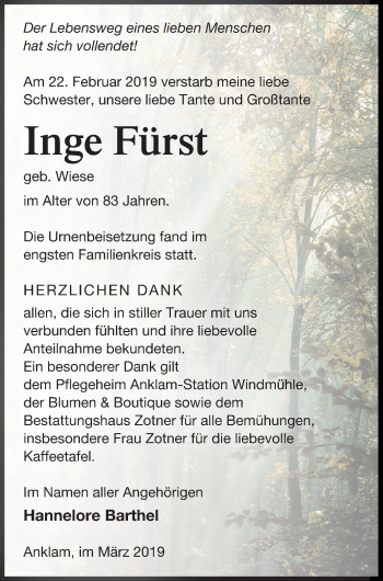 Traueranzeige von Inge Fürst von Vorpommern Kurier