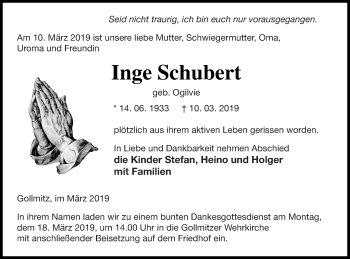 Traueranzeige von Inge Schubert von Prenzlauer Zeitung