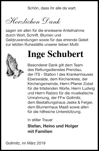 Traueranzeige von Inge Schubert von Prenzlauer Zeitung