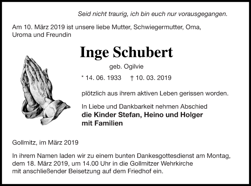  Traueranzeige für Inge Schubert vom 14.03.2019 aus Prenzlauer Zeitung
