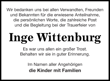 Traueranzeige von Inge Wittenburg von Strelitzer Zeitung