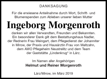 Traueranzeige von Ingebeorg Morgenroth von Strelitzer Zeitung