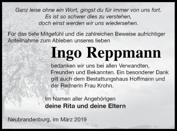 Traueranzeige von Ingo Reppmann von Neubrandenburger Zeitung