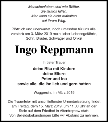 Traueranzeige von Ingo Reppmann von Neubrandenburger Zeitung