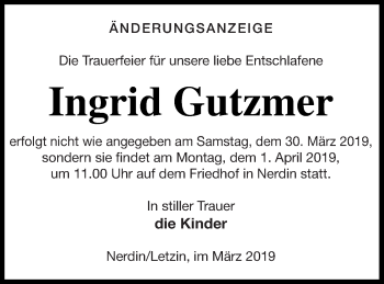 Traueranzeige von Ingrid Gutzmer von Vorpommern Kurier