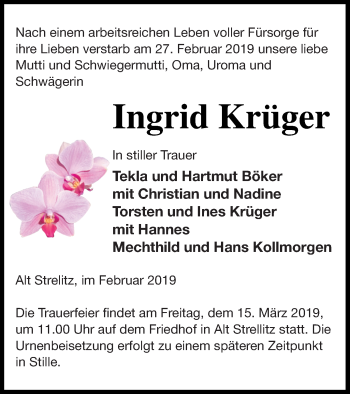 Traueranzeige von Ingrid Krüger von Strelitzer Zeitung