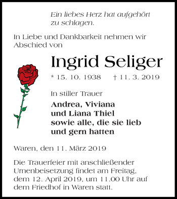 Traueranzeige von Ingrid Seliger von Müritz-Zeitung