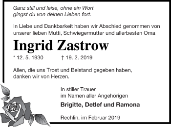 Traueranzeige von Ingrid Zastrow von Müritz-Zeitung