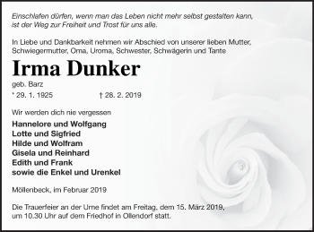 Traueranzeige von Irma Dunker von Strelitzer Zeitung