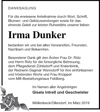 Traueranzeige von Irma Dunker von Strelitzer Zeitung