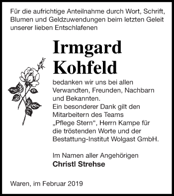 Traueranzeige von Irmgard Kohfeld von Müritz-Zeitung