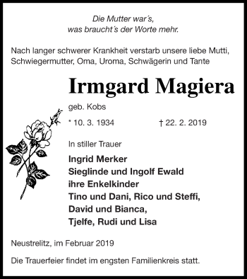 Traueranzeige von Irmgard Magiera von Strelitzer Zeitung