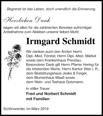 Traueranzeige von Irmgard Schmidt von Prenzlauer Zeitung