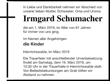 Traueranzeige von Irmgard Schumacher von Haff-Zeitung