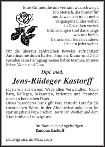 Traueranzeige von Jens-Rüdeger Kastorff von Ludwigsluster Tageblatt