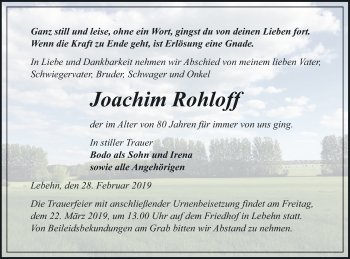 Traueranzeige von Joachim Rohloff von Pasewalker Zeitung