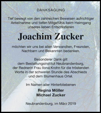 Traueranzeige von Joachim Zucker von Neubrandenburger Zeitung