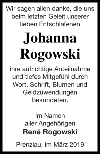 Traueranzeige von Johanna Rogowski von Prenzlauer Zeitung