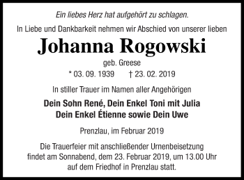 Traueranzeige von Johanna Rogowski von Prenzlauer Zeitung